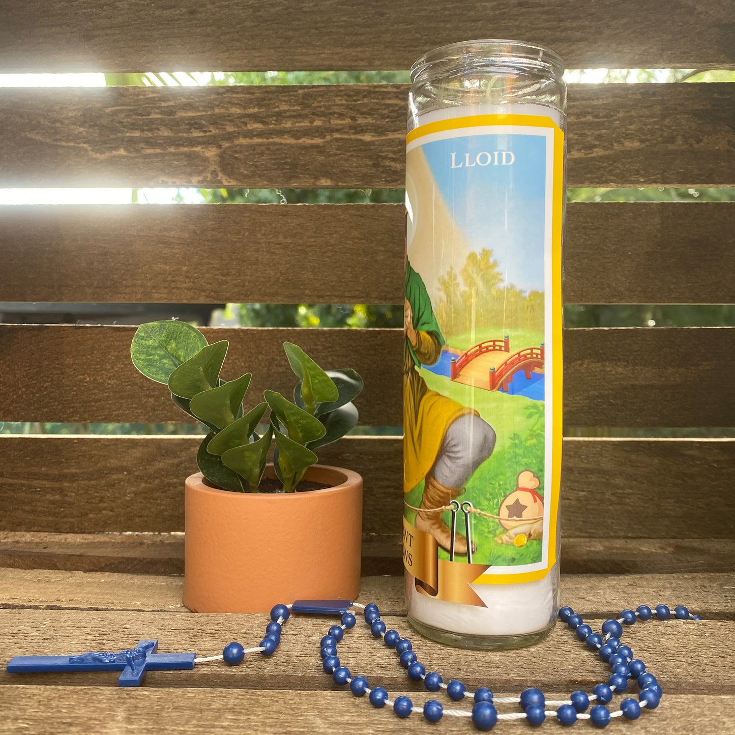 a candle next to a plant on a wooden bench