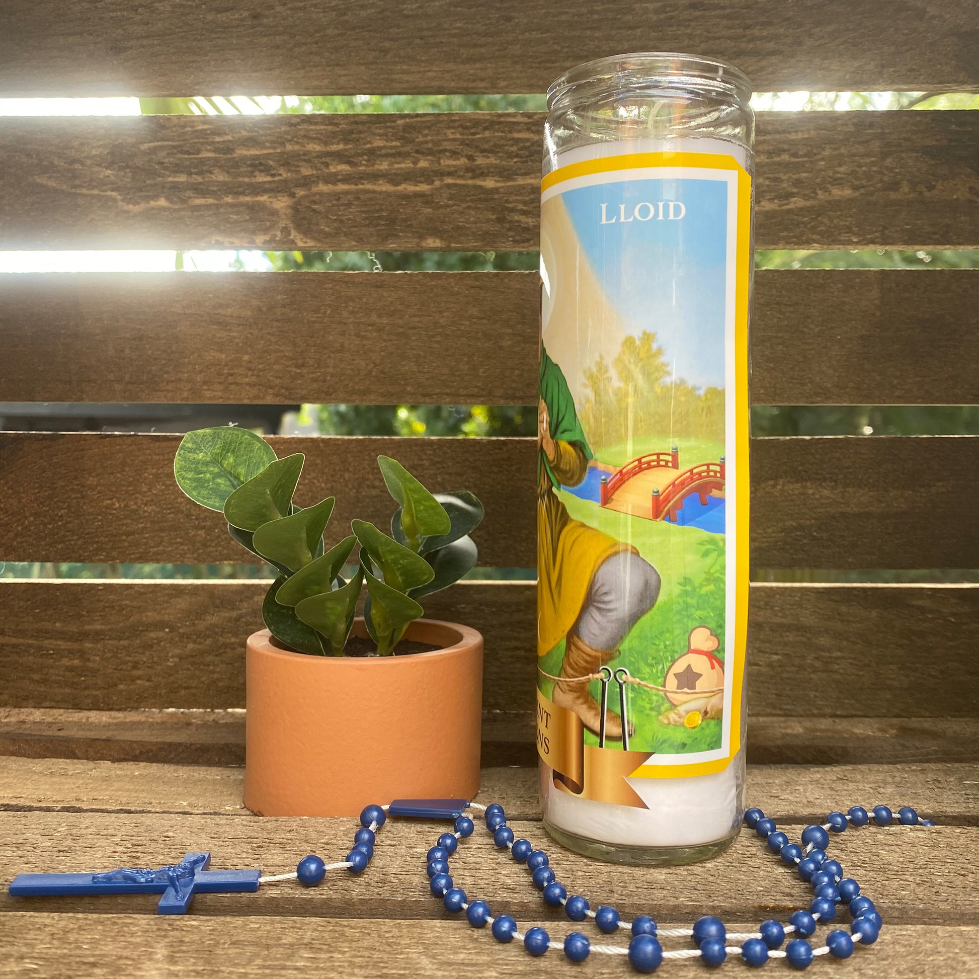 a candle next to a plant on a wooden bench