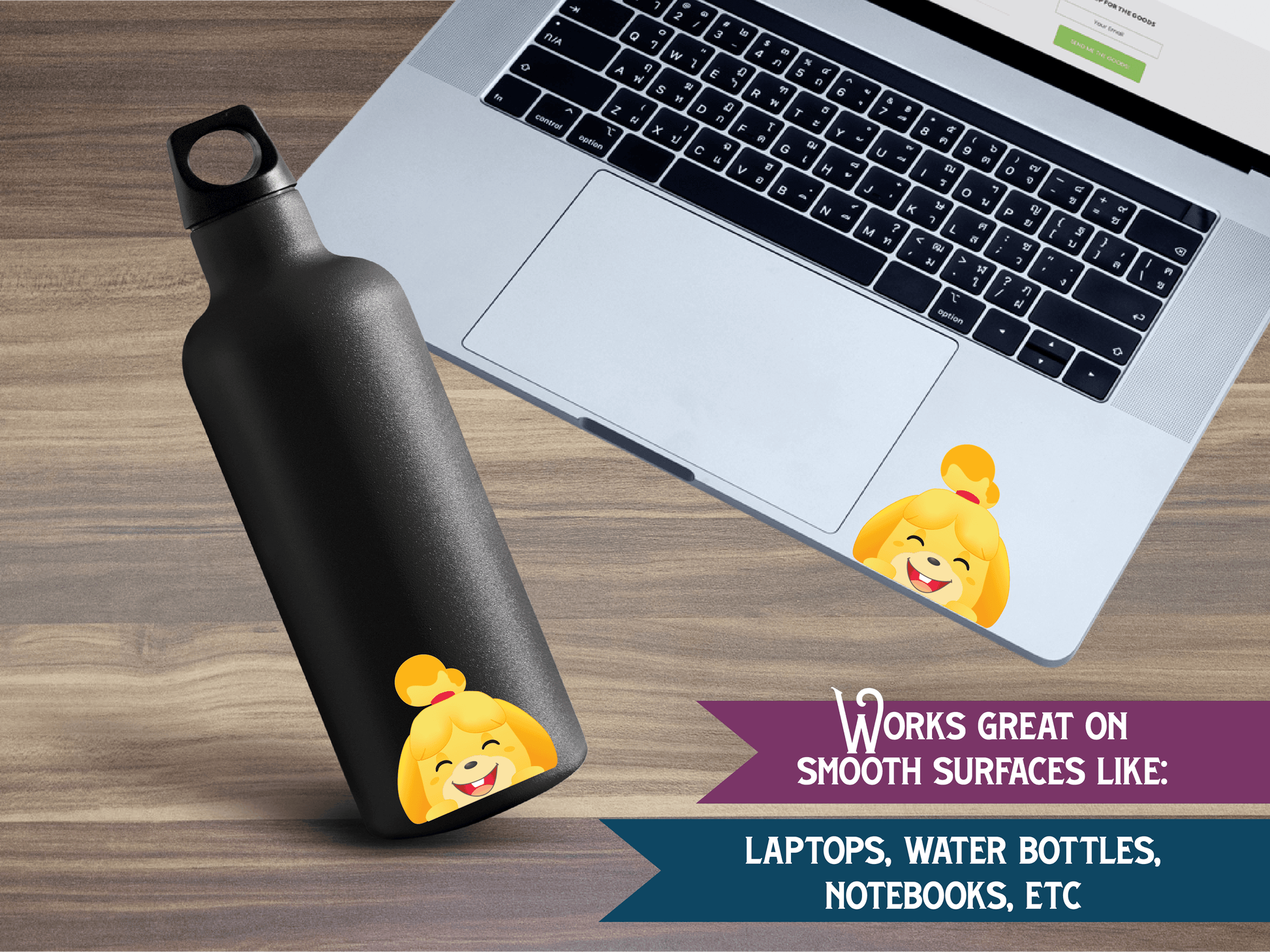 a water bottle next to a laptop on a table
