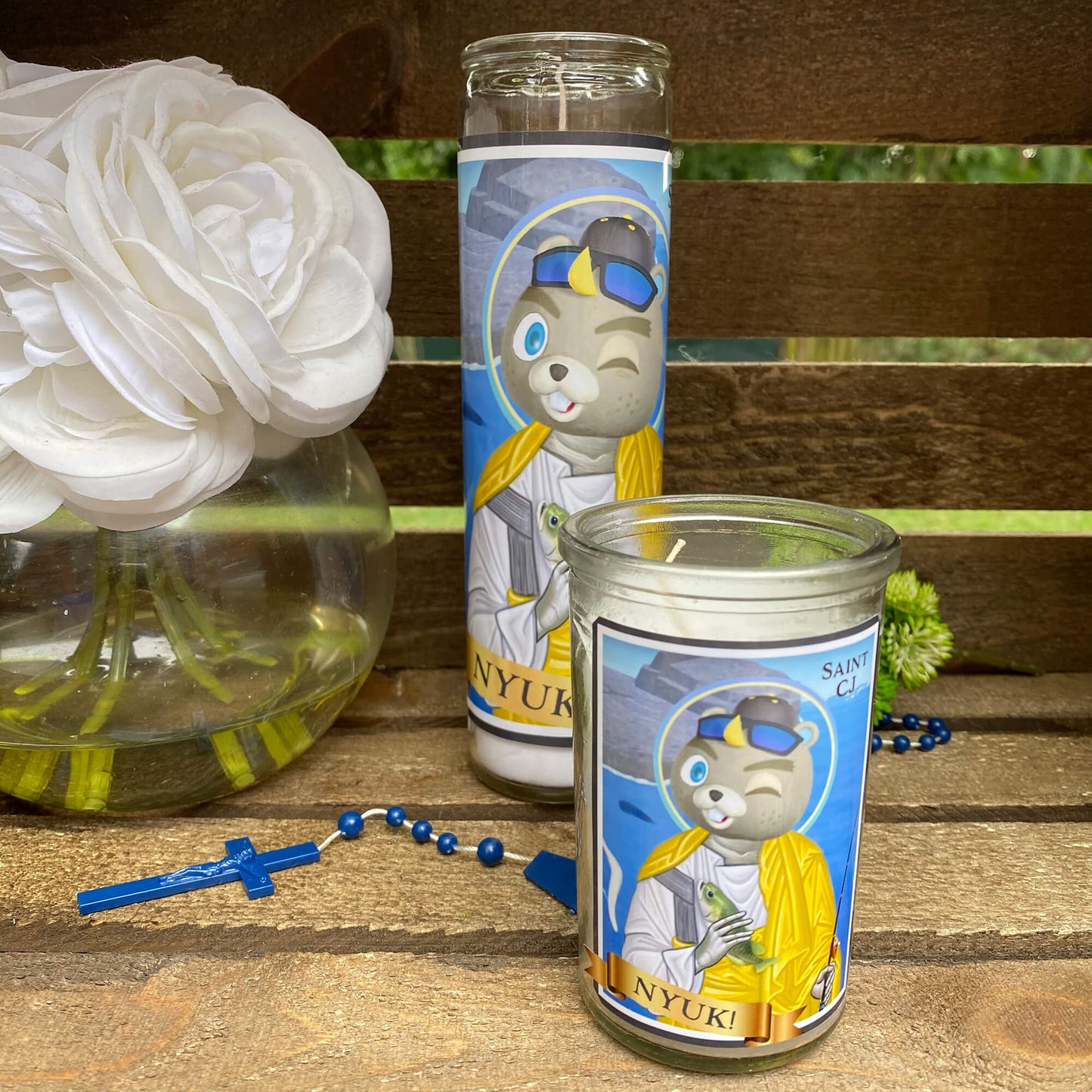 a couple of jars sitting on top of a wooden table