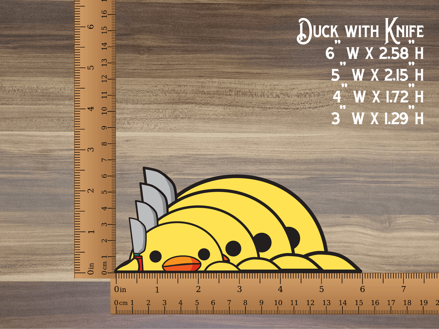 a ruler with a duck with knife on it