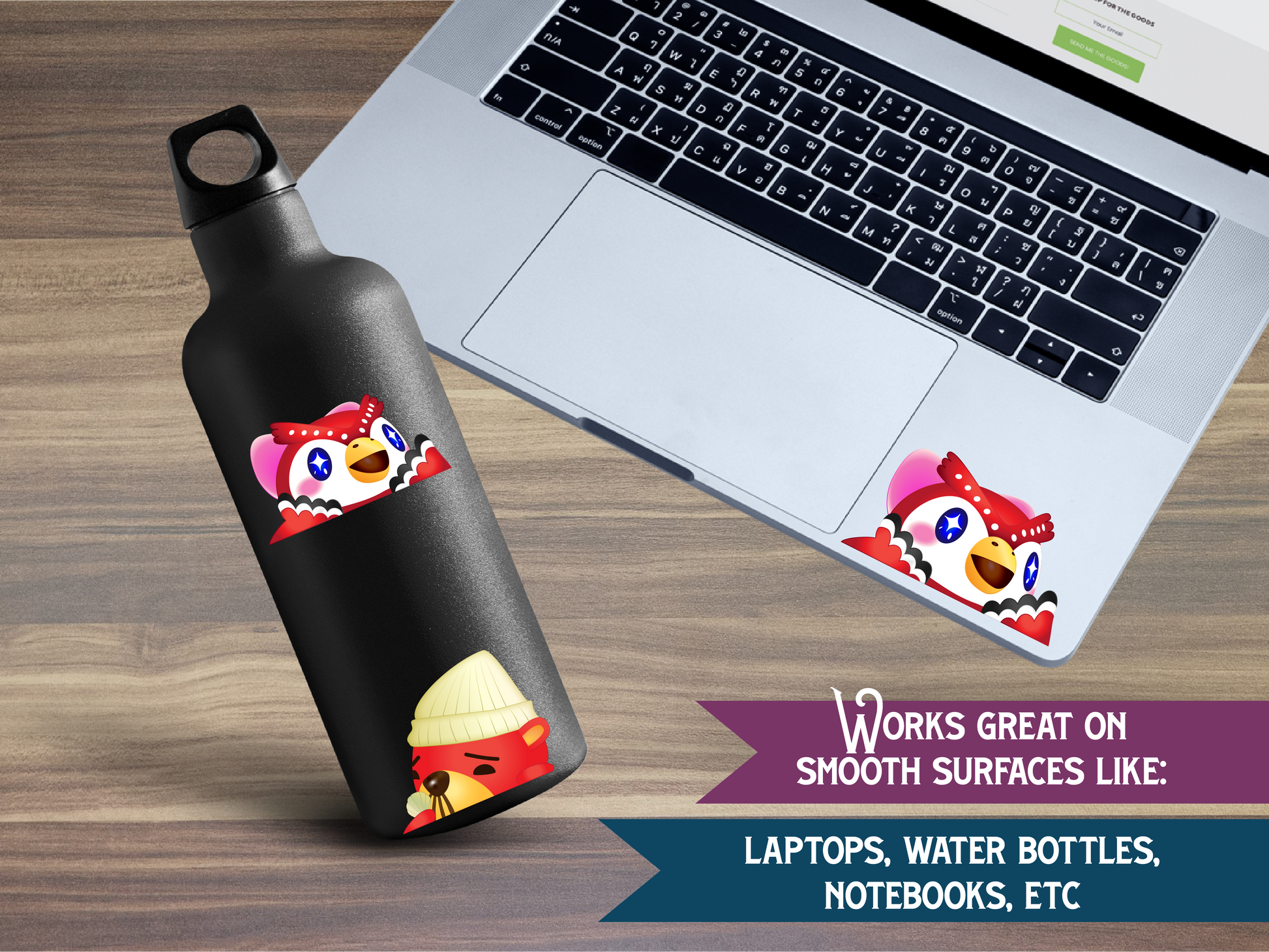 a water bottle next to a laptop on a table