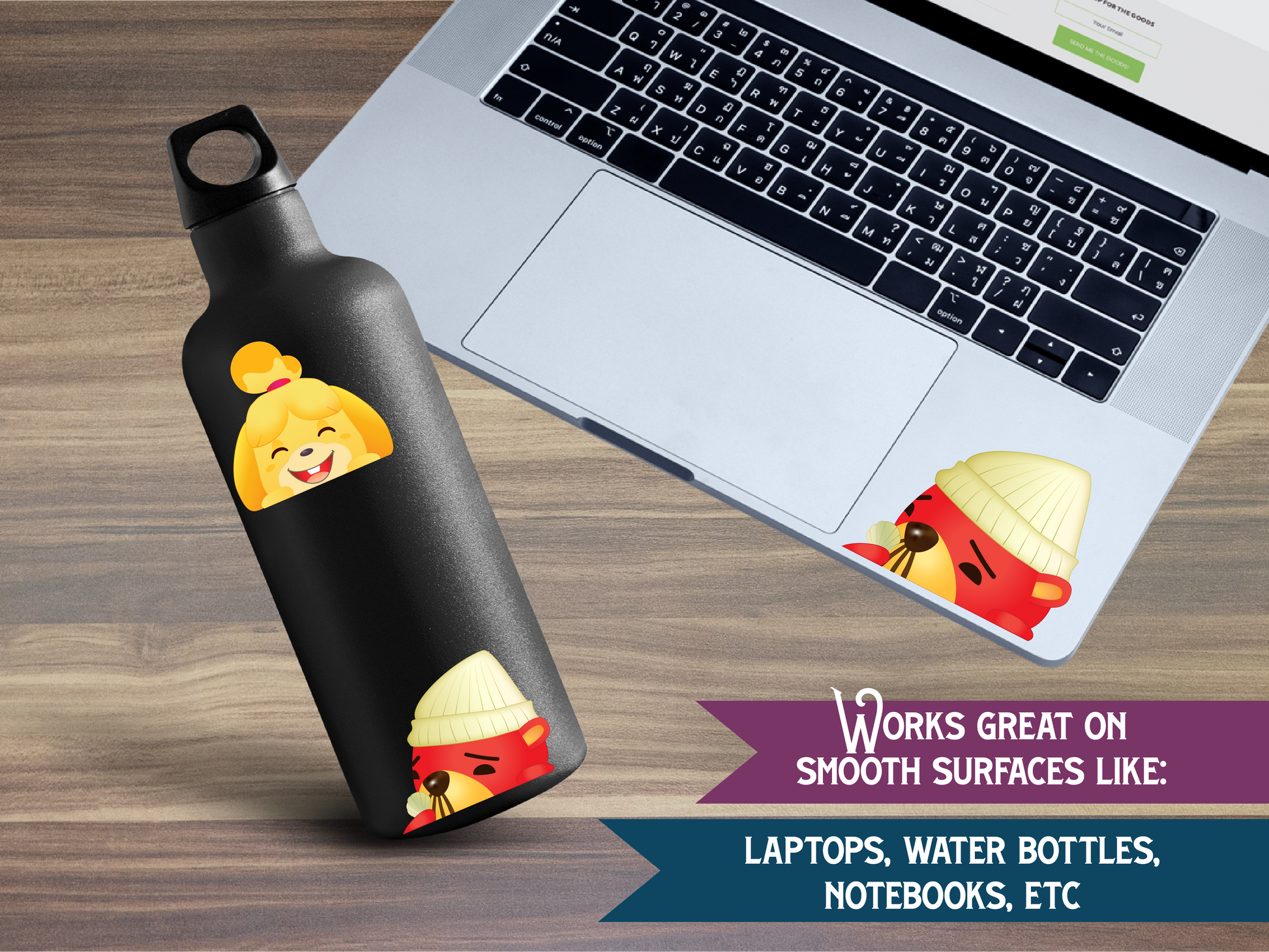 a water bottle with a sticker on it next to a laptop