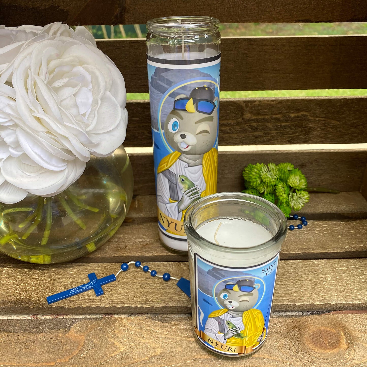 a couple of cups sitting on top of a wooden table