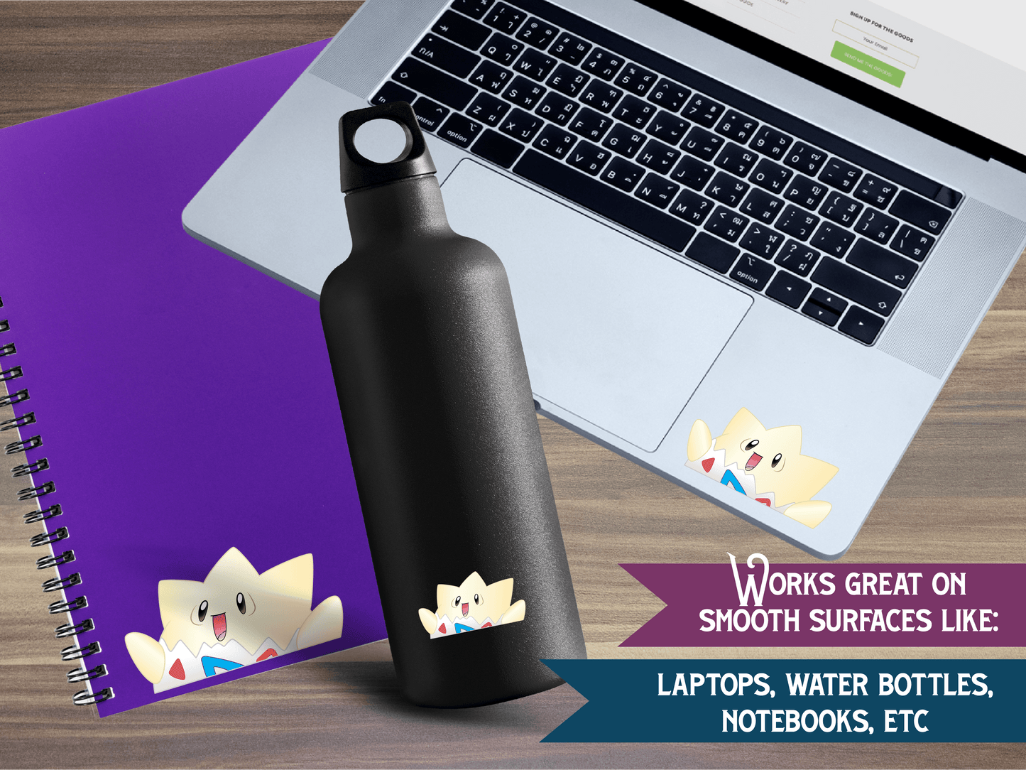 a water bottle next to a laptop on a desk