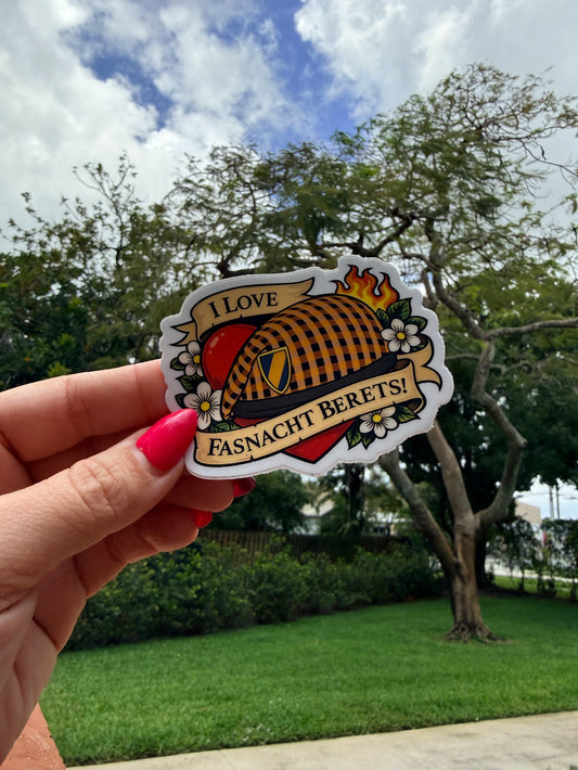 I Love Fasnacht Berets — 3" Matte Vinyl Sticker