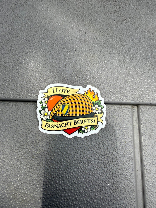 I Love Fasnacht Berets — 3" Matte Vinyl Sticker