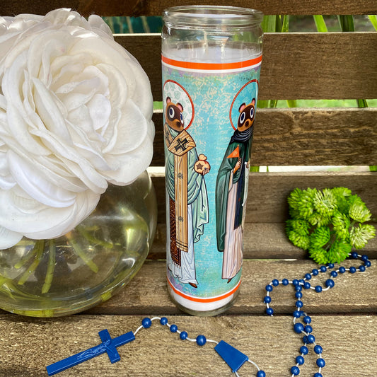 a rosary, a vase with flowers and a rosary on a bench