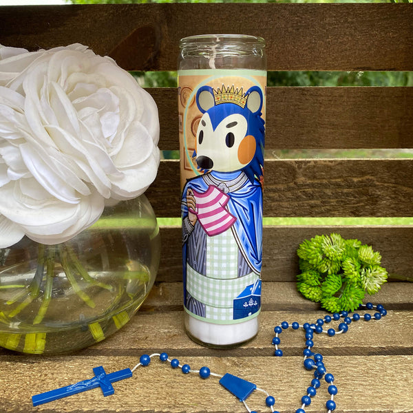 a blue and white teddy bear on a wooden bench next to a vase of flowers