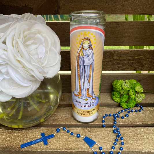 a rosary, a vase of flowers, and a candle on a bench